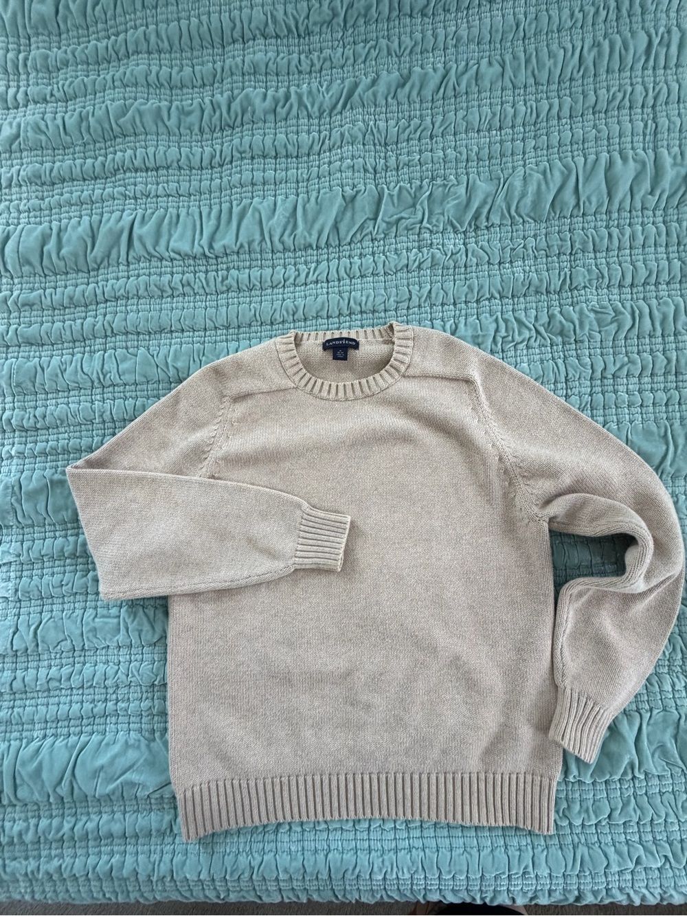 Lands' End Men’s Beige Crewneck Sweater 100% Cotton-Med